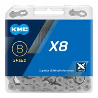 Цепь KMC X8 с замком, 116 звеньев, 8 звезд Серебристая Оригинал Box