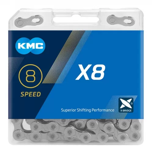 Цепь KMC X8 с замком, 116 звеньев, 8 звезд Серебристая Оригинал Box