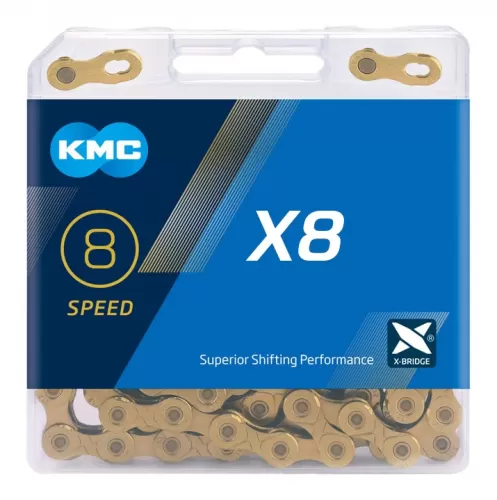 Цепь KMC X8.99 GOLD с замком, 114 звеньев, 8 звезд Золотистая BOX фото 2